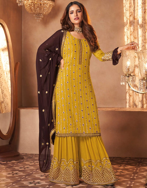 Mustard Yellow Palazzo style Dress Real Georgette Salwar Kameez in Embroidery, Foil Mirror & Lace Work Closure View Embroidery