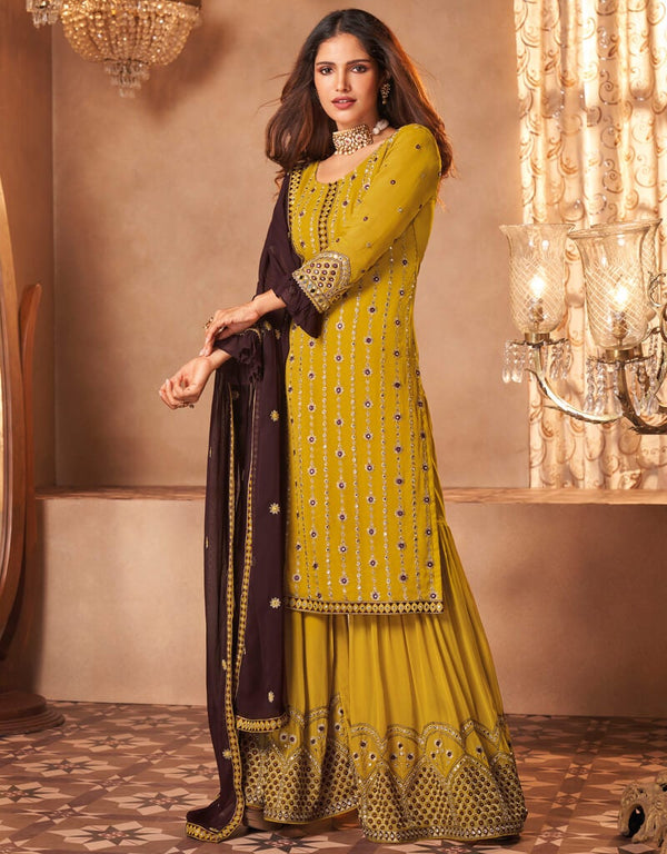 Mustard Yellow Palazzo style Dress Real Georgette Salwar Kameez in Embroidery, Foil Mirror & Lace Work
