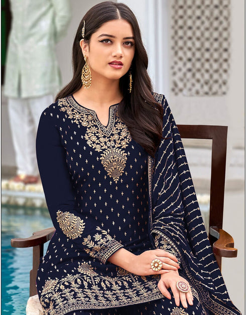 Navy Blue Palazzo style Salwar Suit Faux Georgette Salwar Kameez in Embroidery, Sequins & Lace Work Closure View