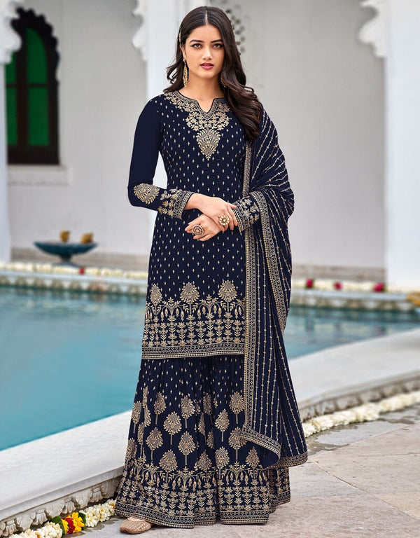 Navy Blue Palazzo style Salwar Suit Faux Georgette Salwar Kameez in Embroidery, Sequins & Lace Work