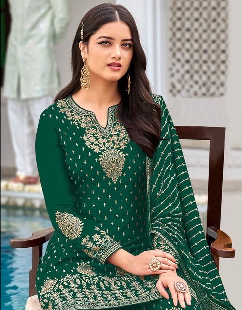 Green Palazzo style Salwar Suit Faux Georgette Salwar Kameez in Embroidery, Sequins & Lace Work Closure View