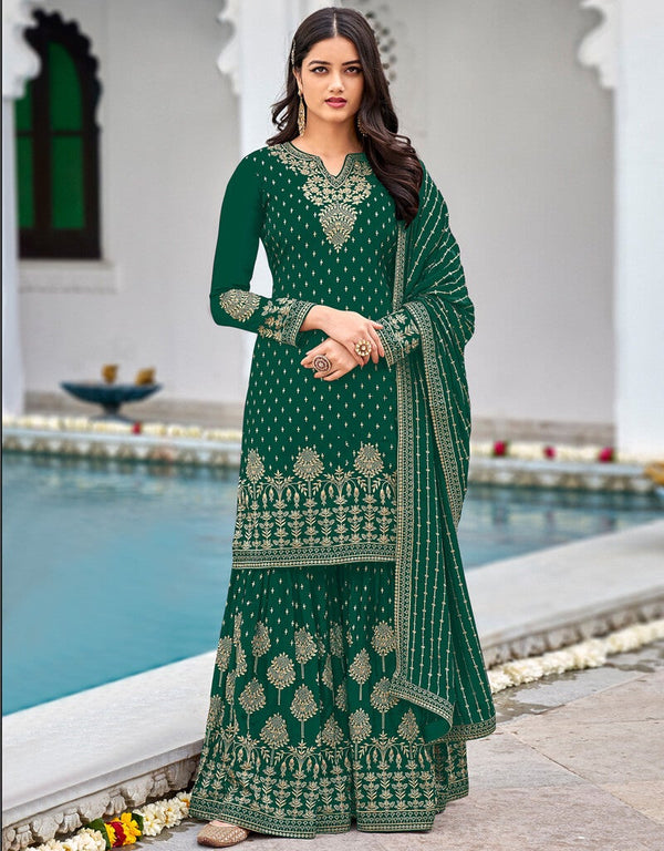 Green Palazzo style Salwar Suit Faux Georgette Salwar Kameez in Embroidery, Sequins & Lace Work