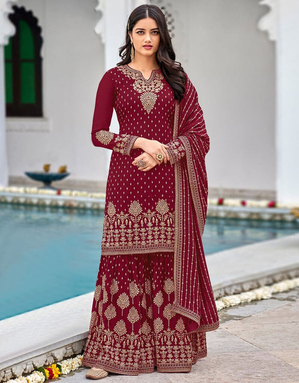 Dark Wine Palazzo style Salwar Suit Faux Georgette Salwar Kameez in Embroidery, Sequins & Lace Work