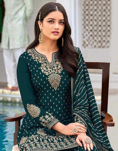 Sea Blue Palazzo style Salwar Suit Faux Georgette Salwar Kameez in Embroidery, Sequins & Lace Work Closure View