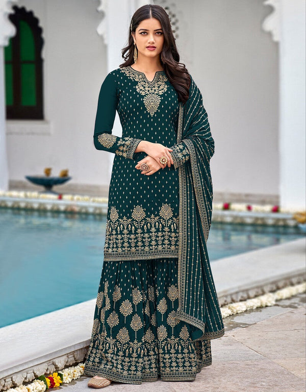 Sea Blue Palazzo style Salwar Suit Faux Georgette Salwar Kameez in Embroidery, Sequins & Lace Work