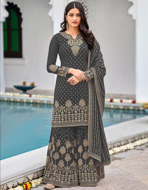 Grey Palazzo style Salwar Suit Faux Georgette Salwar Kameez in Embroidery, Sequins & Lace Work