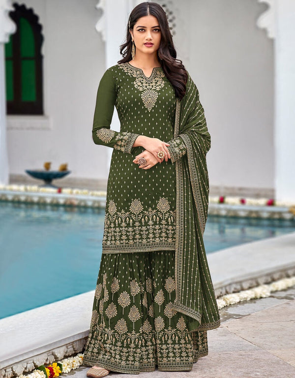 Mahendi Green Palazzo style Salwar Suit Faux Georgette Salwar Kameez in Embroidery, Sequins & Lace Work
