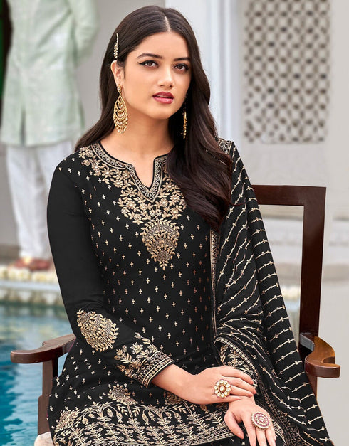 Black Palazzo style Salwar Suit Faux Georgette Salwar Kameez in Embroidery, Sequins & Lace Work Closure View