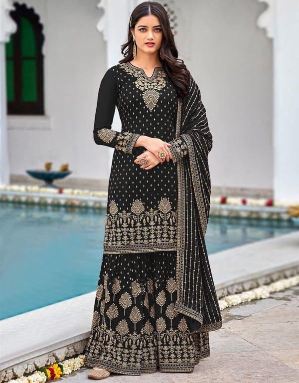 Black Palazzo style Salwar Suit Faux Georgette Salwar Kameez in Embroidery, Sequins & Lace Work