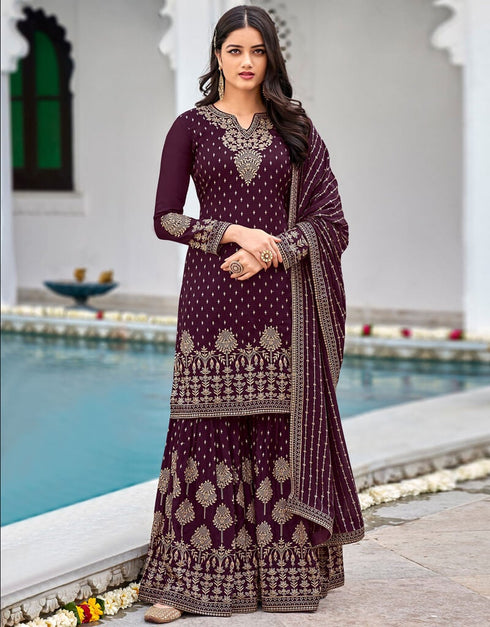 Dark Purple Palazzo style Salwar Suit Faux Georgette Salwar Kameez in Embroidery, Sequins & Lace Work