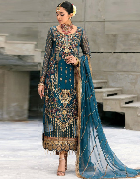 Teal Pant style Suit Georgette Salwar Kameez in Embroidery, Sequins & Lace Work
