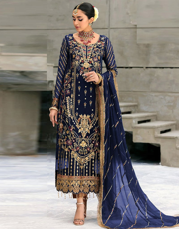 Blue Pant style Suit Georgette Salwar Kameez in Embroidery, Sequins & Lace Work