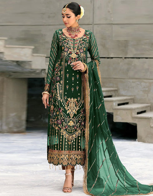 Green Pant style Suit Georgette Salwar Kameez in Embroidery, Sequins & Lace Work