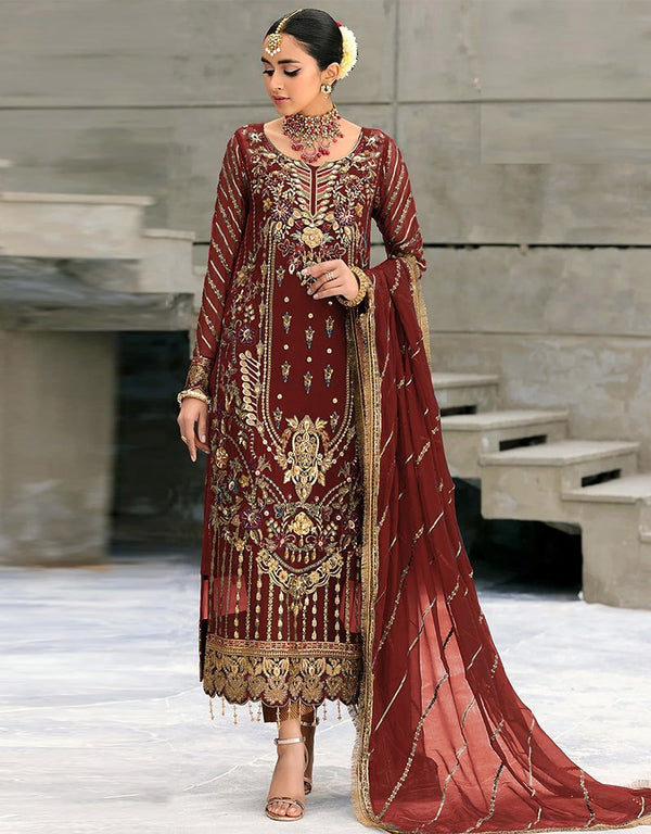 Brown Pant style Suit Georgette Salwar Kameez in Embroidery, Sequins & Lace Work
