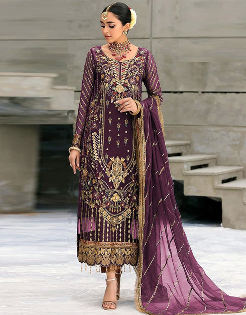 Purple Pant style Suit Georgette Salwar Kameez in Embroidery, Sequins & Lace Work