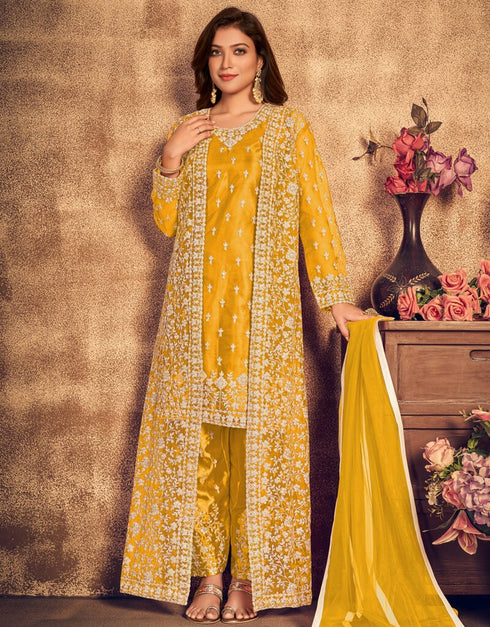 Mustard Yellow Pant style Suit Soft Net Salwar Kameez in Embroidery, Stone & Lace Work