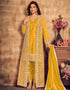 Mustard Yellow Pant style Suit Soft Net Salwar Kameez in Embroidery, Stone & Lace Work