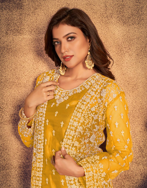 Mustard Yellow Pant style Suit Soft Net Salwar Kameez in Embroidery, Stone & Lace Work Closure View