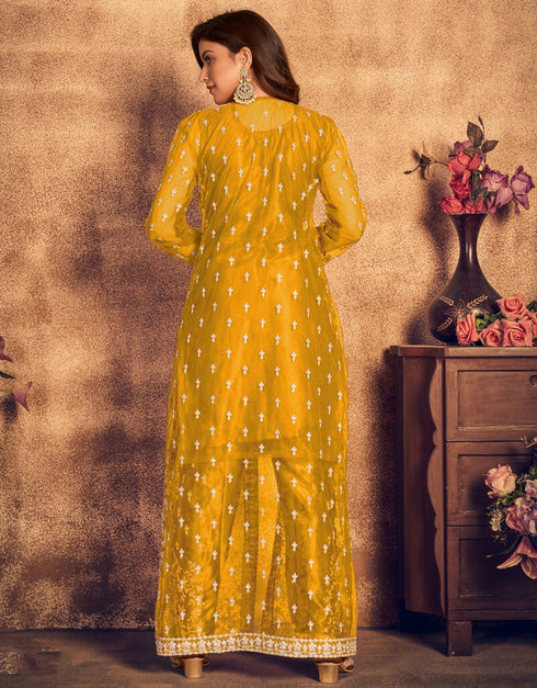 Mustard Yellow Pant style Suit Soft Net Salwar Kameez in Embroidery, Stone & Lace Work Closure View Embroidery