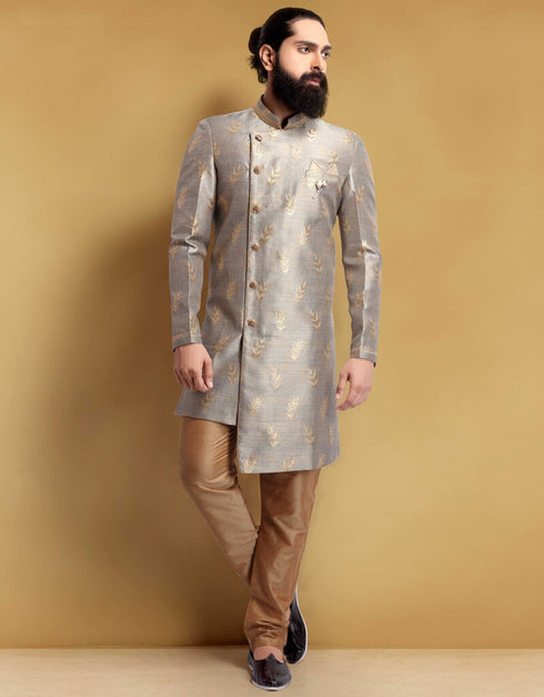 Grey Kurta Jacquard Silk Chudidaar