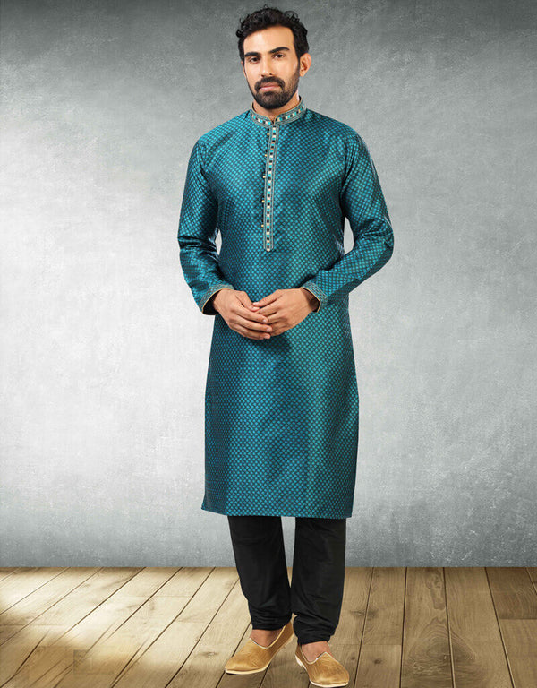 Teal Blue Black Kurta Jacquard Silk Brocade Chudidaar