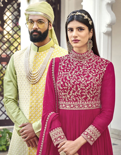 Pink Anarkali style Suit Faux Georgette Salwar Kameez in Cording Embroidery, Sequins & Lace Work Closure View