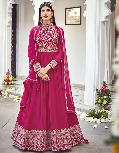 Pink Anarkali style Suit Faux Georgette Salwar Kameez in Cording Embroidery, Sequins & Lace Work