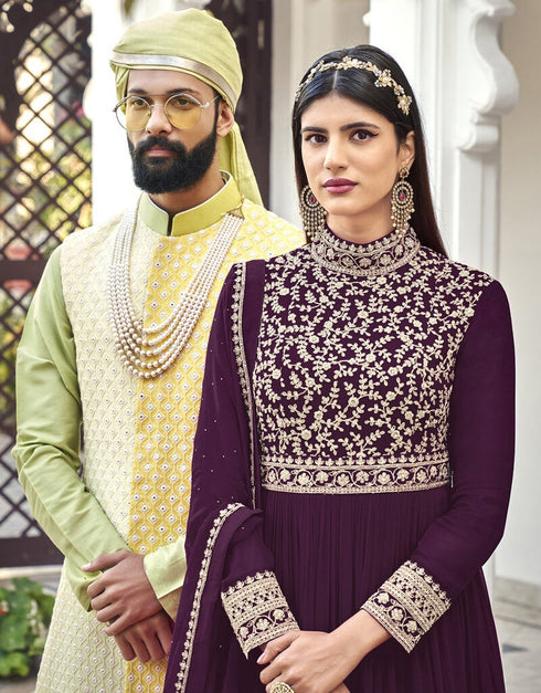 Dark Purple Anarkali style Suit Faux Georgette Salwar Kameez in Cording Embroidery, Sequins & Lace Work Closure View