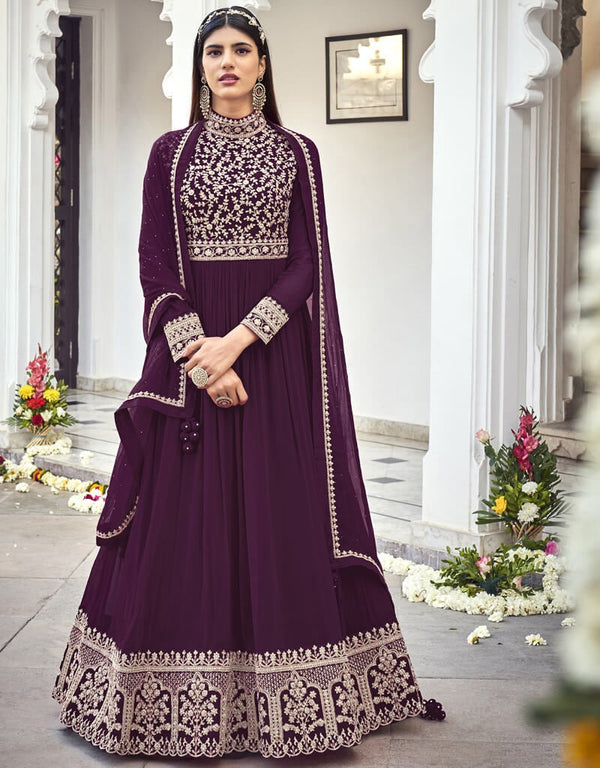 Dark Purple Anarkali style Suit Faux Georgette Salwar Kameez in Cording Embroidery, Sequins & Lace Work