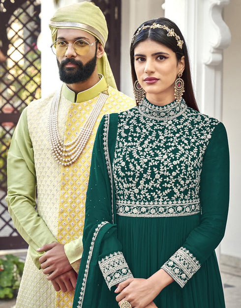 Sea Green Anarkali style Suit Faux Georgette Salwar Kameez in Cording Embroidery, Sequins & Lace Work Closure View