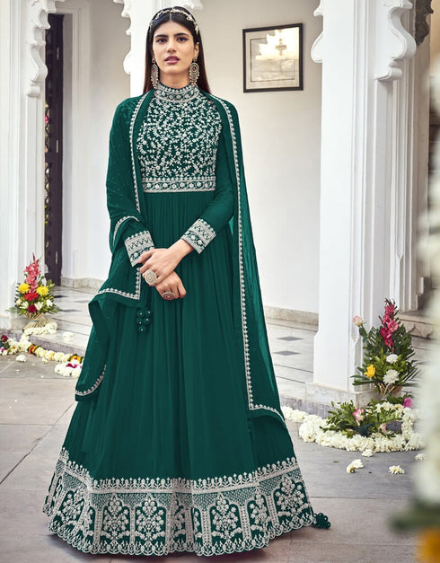 Sea Green Anarkali style Suit Faux Georgette Salwar Kameez in Cording Embroidery, Sequins & Lace Work