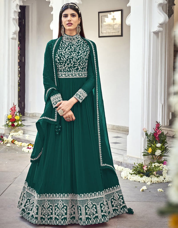 Sea Green Anarkali style Suit Faux Georgette Salwar Kameez in Cording Embroidery, Sequins & Lace Work