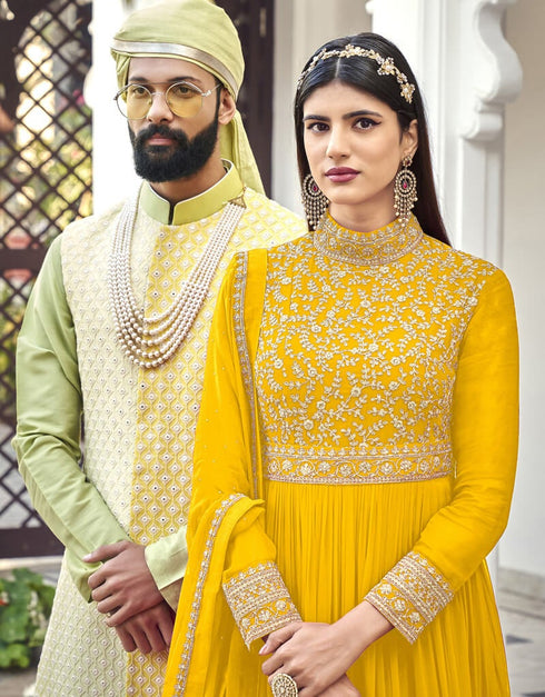 Yellow Anarkali style Suit Faux Georgette Salwar Kameez in Cording Embroidery, Sequins & Lace Work Closure View