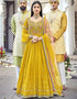 Mustard Anarkali style Salwar Suit Faux Georgette Salwar Kameez in Cording Embroidery, Sequins & Lace Work