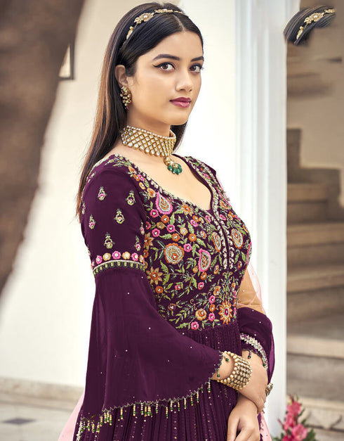 Dark Purple Anarkali style Salwar Suit Faux Georgette Salwar Kameez in Cording Embroidery, Sequins & Lace Work Closure View