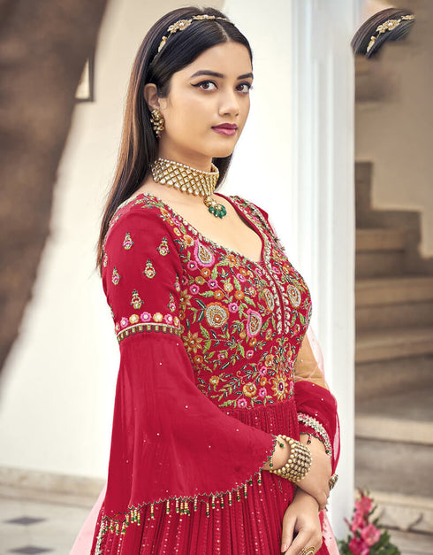 Dark Pink Anarkali style Salwar Suit Faux Georgette Salwar Kameez in Cording Embroidery, Sequins & Lace Work Closure View