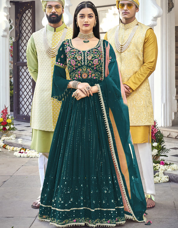 Teal Anarkali style Salwar Suit Faux Georgette Salwar Kameez in Cording Embroidery, Sequins & Lace Work