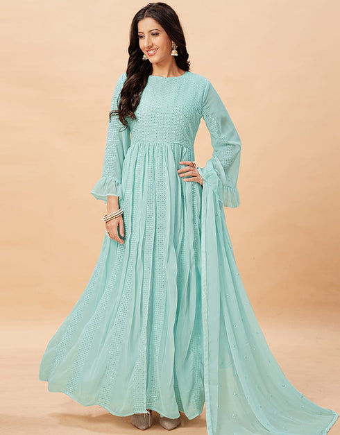 Sea Green Anarkali style Anarkali Semi-Stitched Suits Salwar Kameez in Embroidery, Sequins & Lace Work