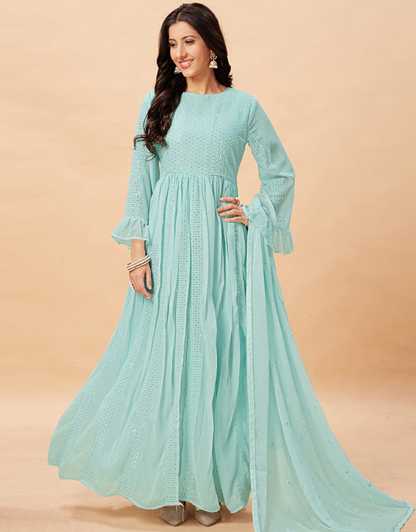 Sea Green Anarkali style Anarkali Semi-Stitched Suits Salwar Kameez in Embroidery, Sequins & Lace Work