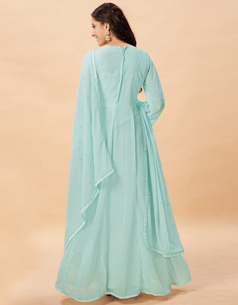 Sea Green Anarkali style Anarkali Semi-Stitched Suits Salwar Kameez in Embroidery, Sequins & Lace Work Closure View Embroidery Back side View