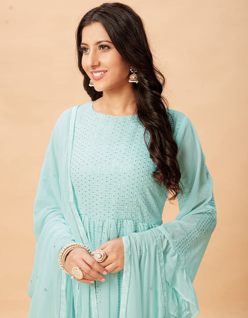 Sea Green Anarkali style Anarkali Semi-Stitched Suits Salwar Kameez in Embroidery, Sequins & Lace Work Closure View Embroidery