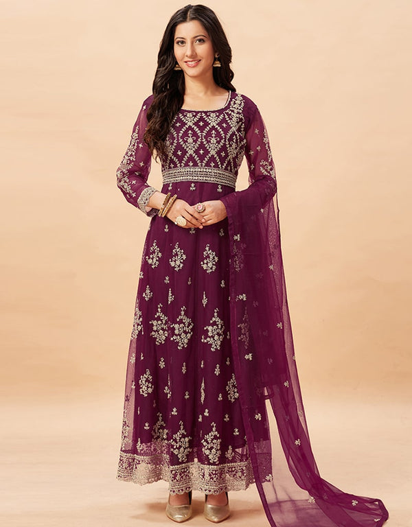 Purple Anarkali style Anarkali Semi-Stitched Suits Salwar Kameez in Embroidery, Stone & Lace Work