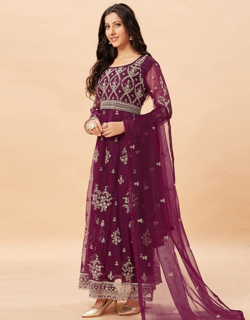 Purple Anarkali style Anarkali Semi-Stitched Suits Salwar Kameez in Embroidery, Stone & Lace Work Closure View