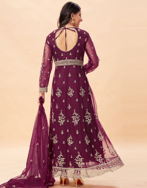 Purple Anarkali style Anarkali Semi-Stitched Suits Salwar Kameez in Embroidery, Stone & Lace Work Closure View Embroidery Back side View