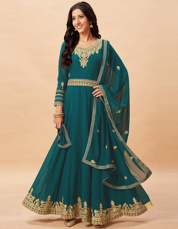 Teal Anarkali style Anarkali Semi-Stitched Suits Salwar Kameez in Embroidery, Sequins & Lace Work