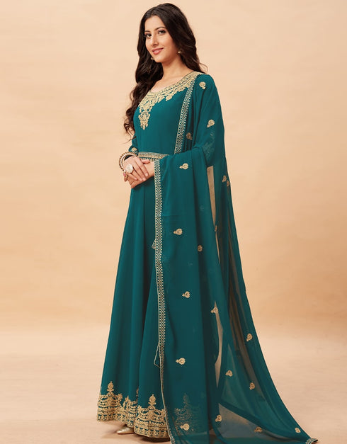 Teal Anarkali style Anarkali Semi-Stitched Suits Salwar Kameez in Embroidery, Sequins & Lace Work Closure View