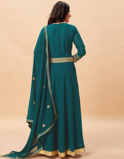 Teal Anarkali style Anarkali Semi-Stitched Suits Salwar Kameez in Embroidery, Sequins & Lace Work Closure View Embroidery Back side View