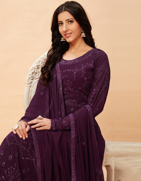 Purple Anarkali style Anarkali Semi-Stitched Suits Salwar Kameez in Embroidery, Sequins & Lace Work Closure View Embroidery