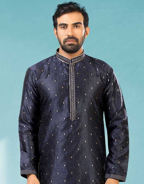 Navy Blue Kurta Jacquard Silk Brocade Chudidaar Closure View