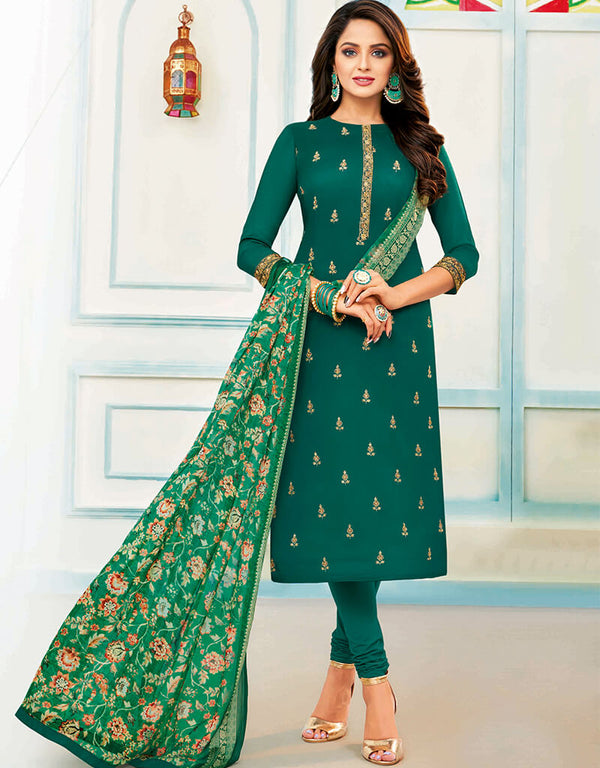 Green Chanderi Cotton Chudidar Salwar Suits